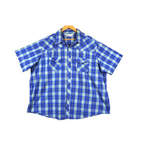 Wrangler Wrancher Men's Short Sleeve Pearl Snap Shirt XXL Blue Plaid Casual